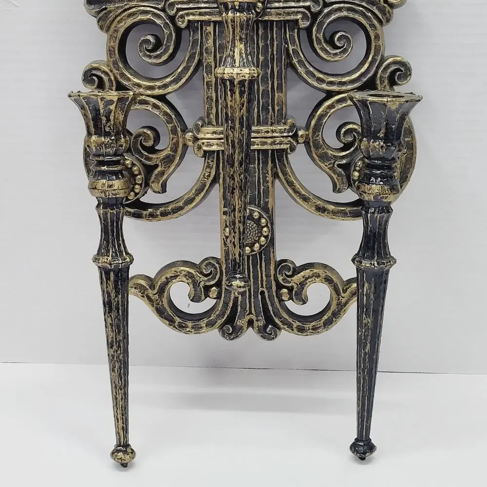 Vintage Homco Gold Blsck Hollywood Regency 3 Candle Candelabra Wall Sconces Goth
